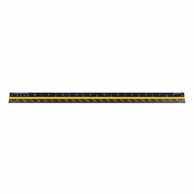 3-sided triangular ruler with black and yellow markings for precision measurement and layout.