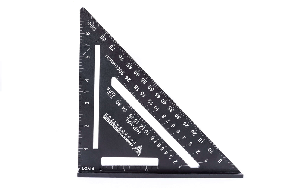 PEC Tools black aluminum rafter square with high-contrast white laser-etched scales and pivot point