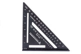 PEC Tools black aluminum rafter square with high-contrast white laser-etched scales and pivot point
