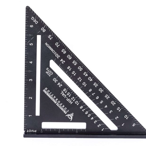 PEC Tools black aluminum rafter square with high-contrast white laser-etched scales and pivot point