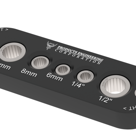Drill Guide Block showing sizes for router bit vise compatibility: 1/4", 6mm, 8mm, 10mm, 12mm.