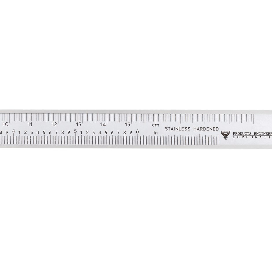 Close-up of stainless hardened steel scale for vernier calipers measurement tool.