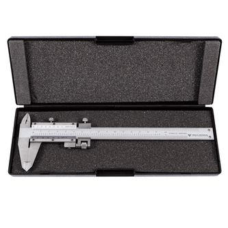 Vernier calipers with fine adjustment displayed in a protective case, ideal for precision measurements.