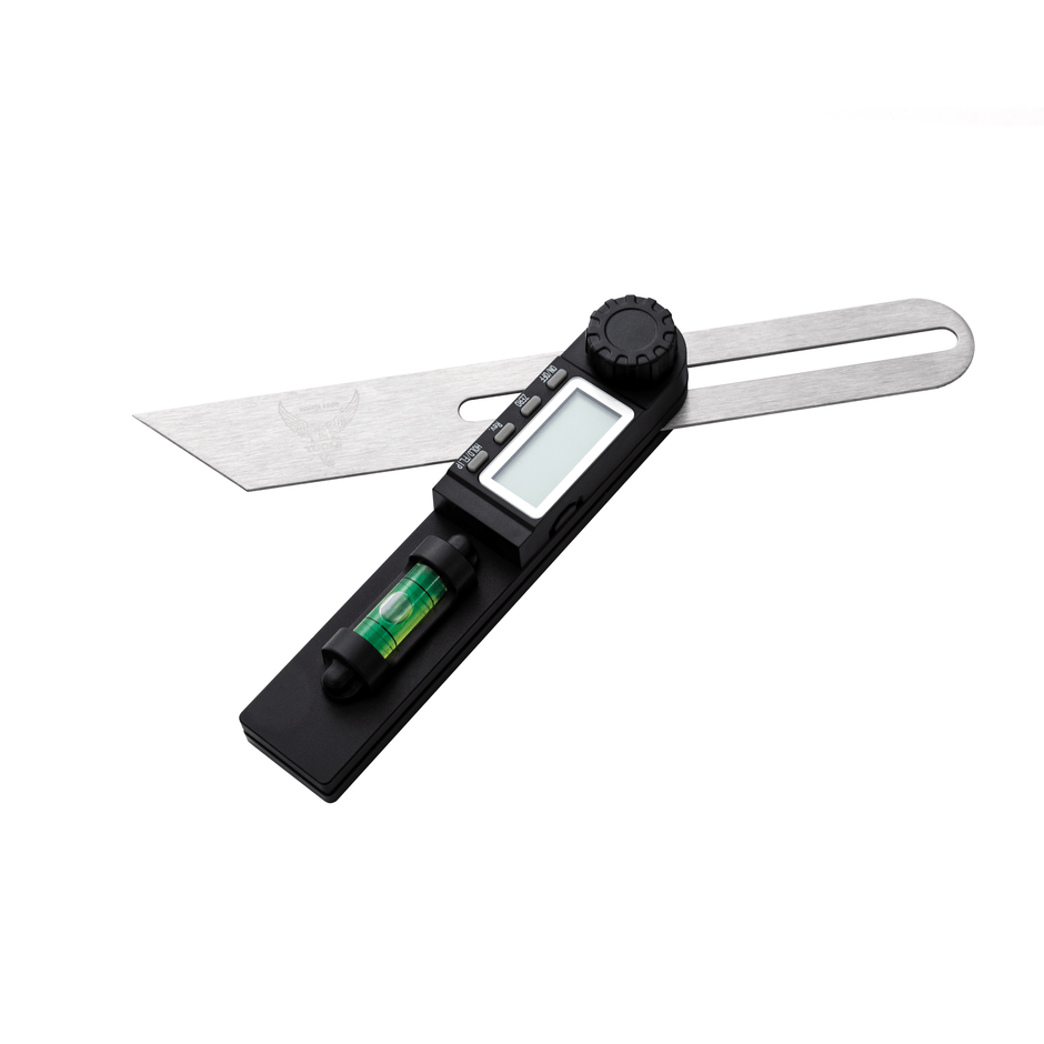 Digital T-Bevel with electronic display and level, perfect for precise angle measurements.