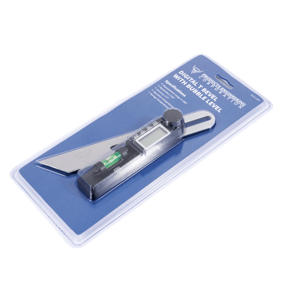 Digital T-Bevel & Protractor in packaging, featuring an electronic angle finder and built-in bubble level.